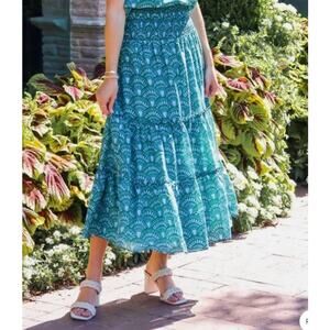 NWT J MARIE Norah Smocked Maxi Skirt Midi Dress Small Boho Blue Green